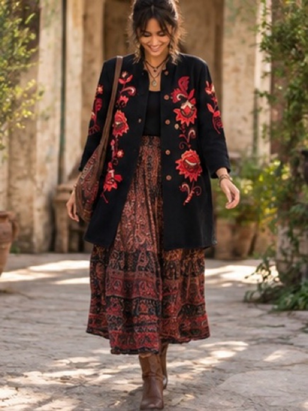 Indigo Moon Embroidered Folk Art Long Jacket Black Red Boho Statement Coat Large
